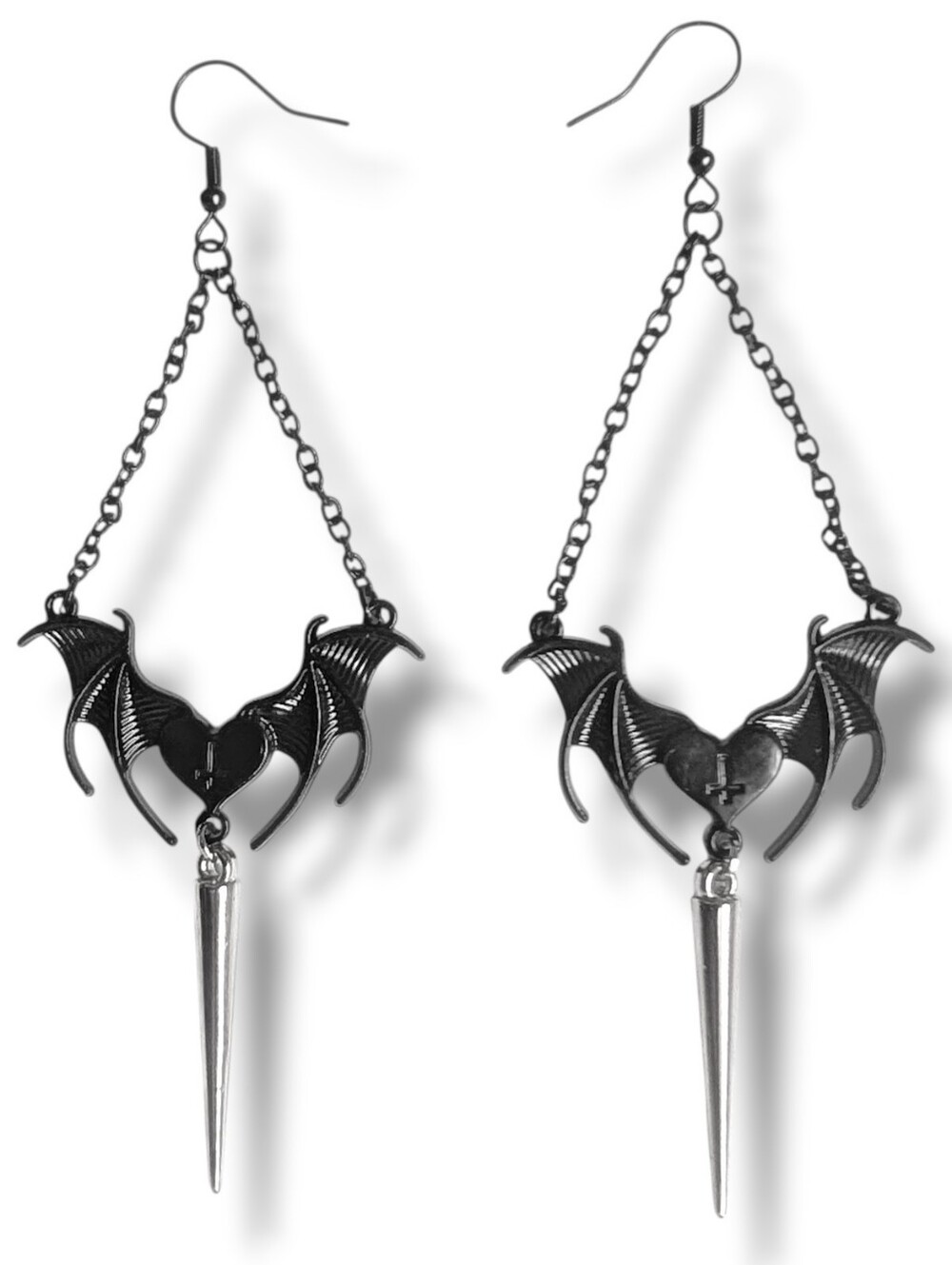 READ DESCRIPTION! NWT Handmade Black Heart Bat Wings Silver Spike Chain Earrings